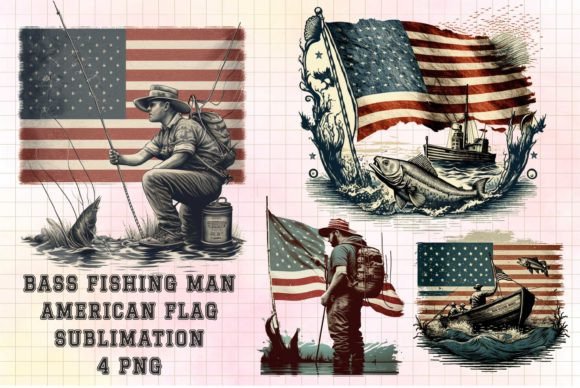 Bass Fishing Man American Flag Graphics for Crafts
