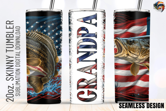 Grandpa Bass Fishing US Flag Tumbler PNG for Crafts and Graphics